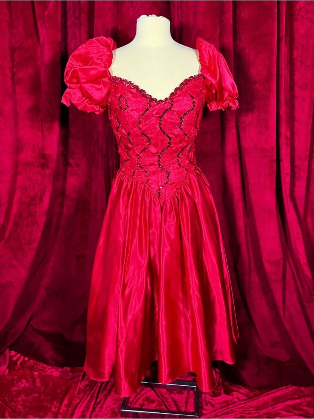 Vintage 80's Red Basque Waist Formal Prom Dress